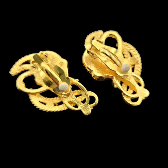 VTG Barrera for Avon Clip-On Earrings Goldtone Black Lucite Stones Rhinestones - Picture 4 of 7